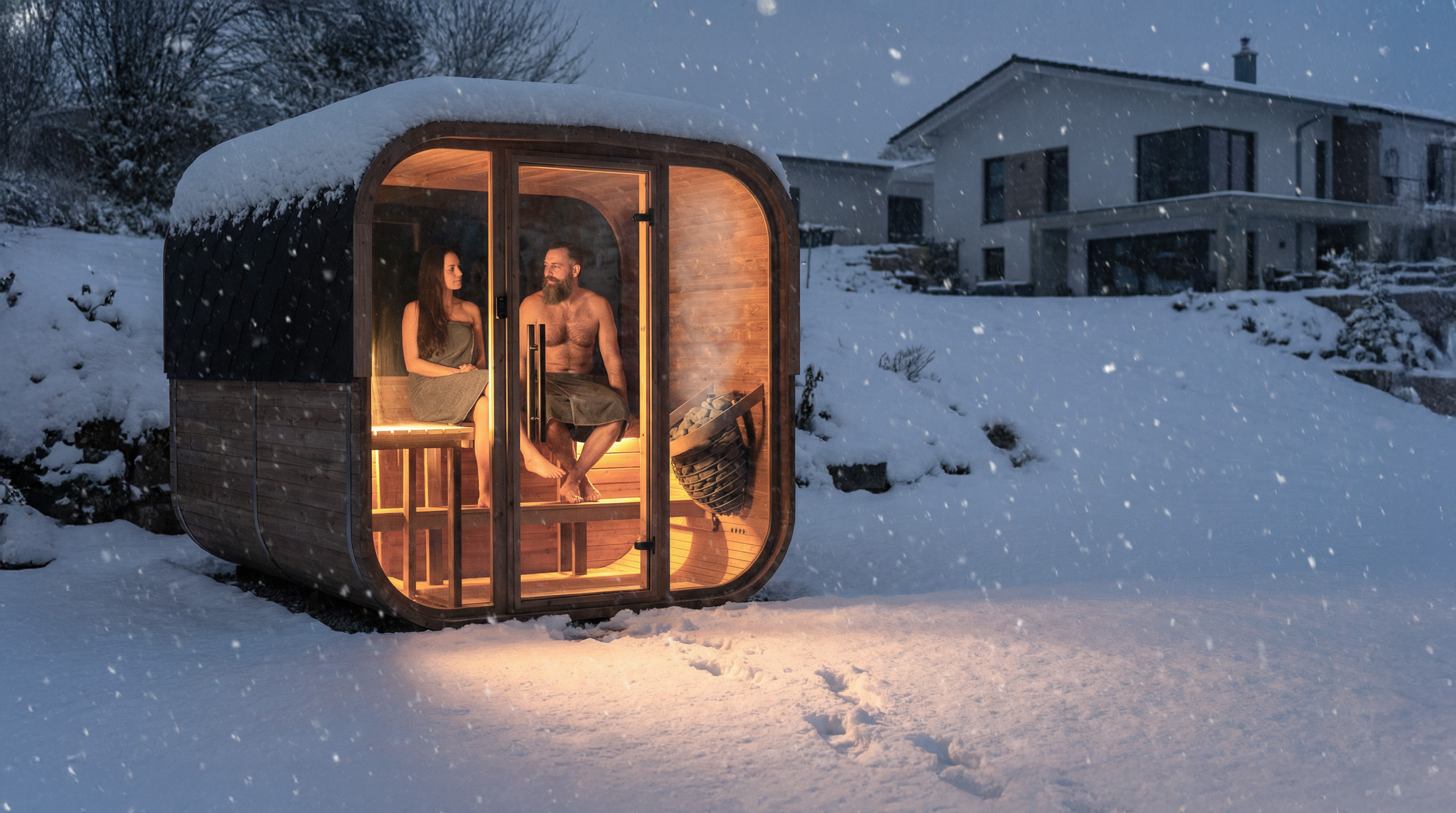 Sauna Quadra X, zimní scéna, před domem